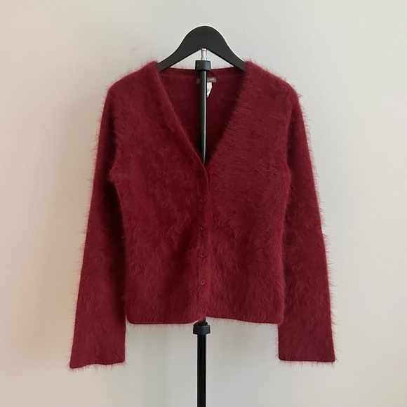 J. Crew Sweaters - J Crew Burgundy Red Fuzzy Angora Rabbit Hair V-Neck Cardigan Size M